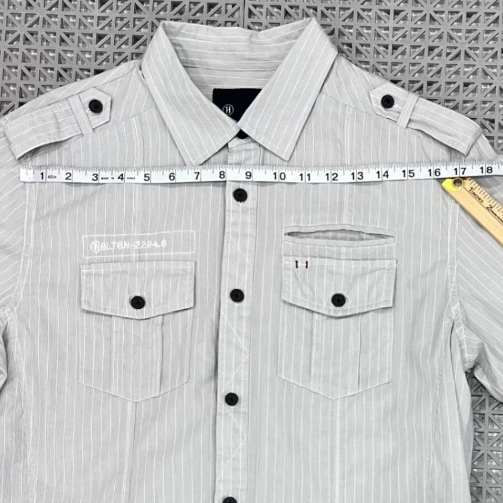 Holton Mfg Button Up Shirt Mens Medium Grey Pinstripe Long Sleeve Utility Casual